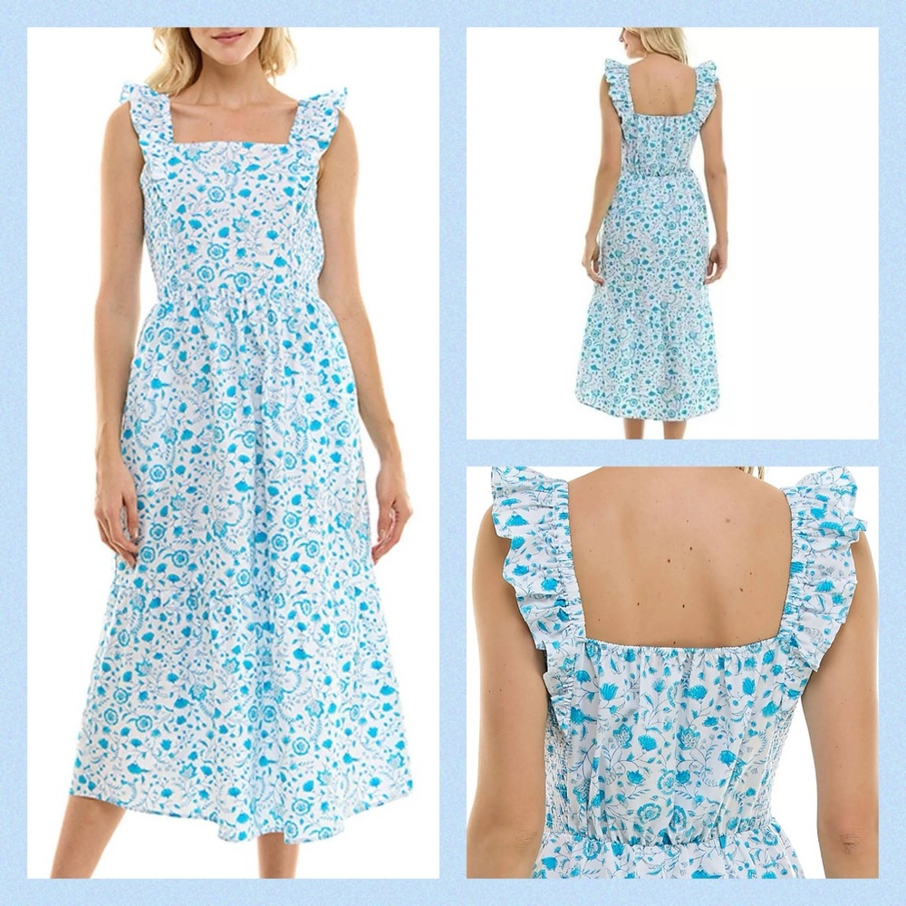 Draper James EUC Women's Flutter Strap Smocked Midi Dress in Blue Paisley XL